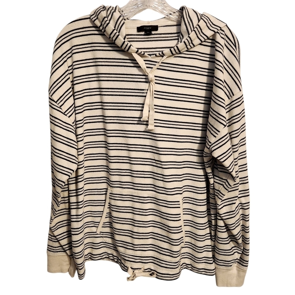 J. Crew | Women's Cream and Black Striped Hoodie Pullover (Size Large)